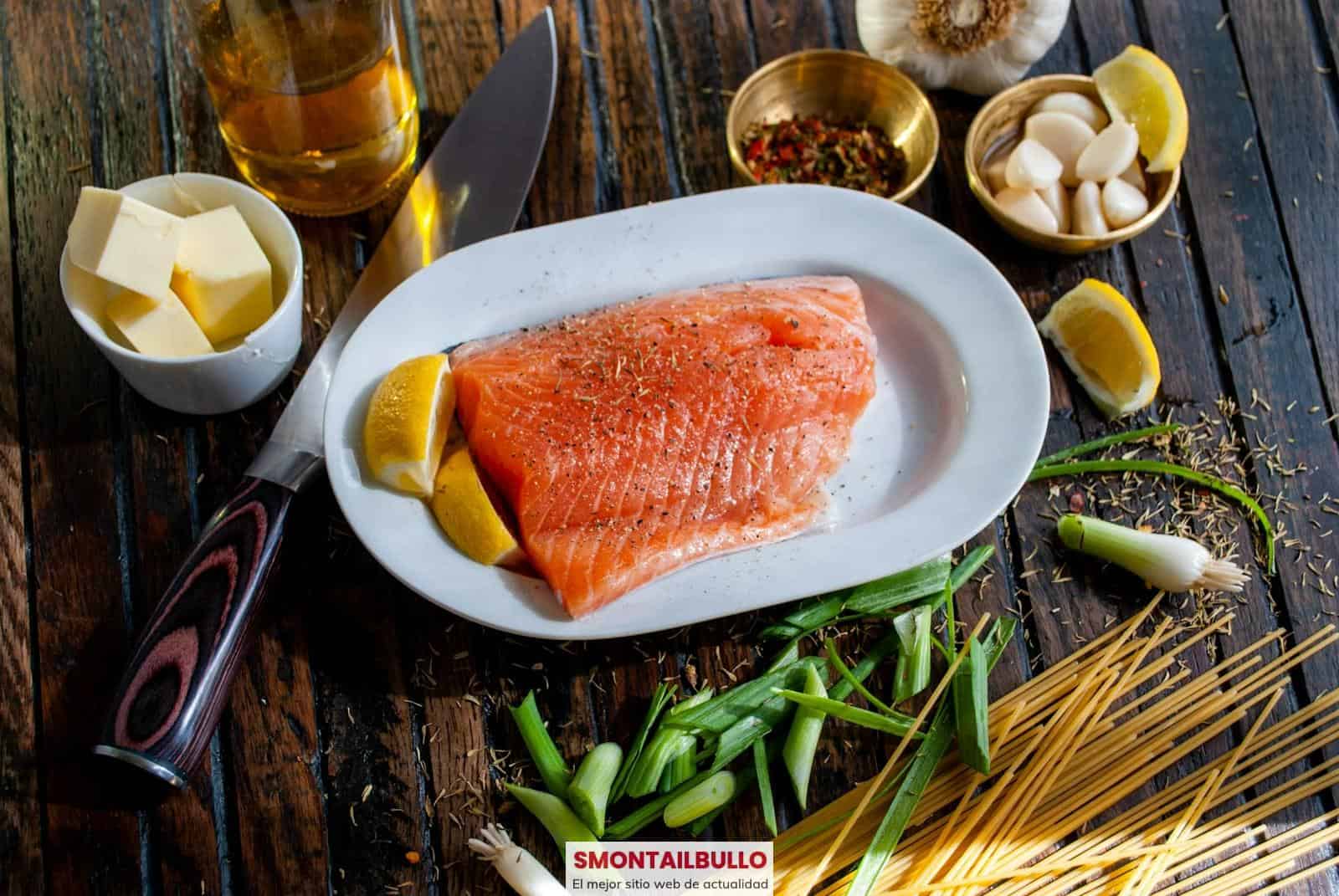 flat lay photography of raw salmon fish